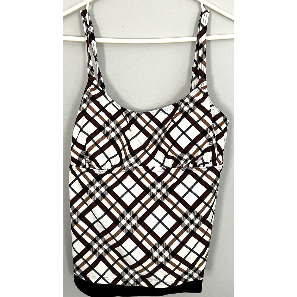 Tropical Honey Tankini Swim Top Womens 12 Brown White Black Plaid Padded Cups